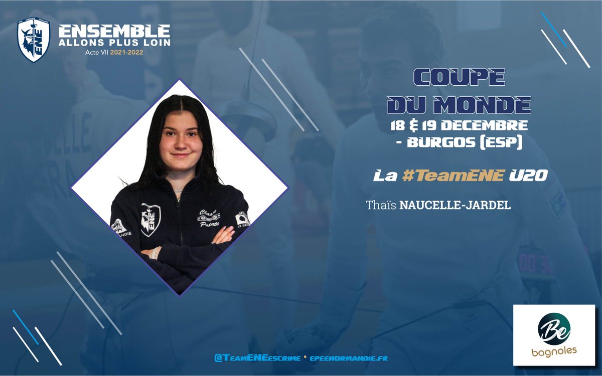 TeamENEescrime's tweet photo. 👥 Une dernière avant les Fêtes ! 

@NaucelleT poursuit son aventure en coupe du Monde. Elle sera ce week-end à Burgos 🇪🇸 avec l'équipe de France @ffescrime ! 

Go Go Thaïs Go ! 
🔵⚪️ #TeamENE 
@CSNHoulgateCaen #escrime #caen https://t.co/SfDVqn3IjJ
