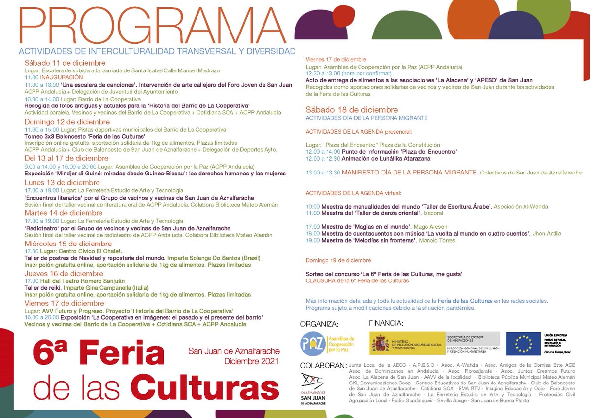 FeriaCulturasSJ's tweet photo. 📣 Continúan desarrollandose las actividades de la 6ª Feria de las Culturas de San Juan de #Aznalfarache
‼️ Consulta el programa 👇
#FeriadelasCulturas #multiculturalidad #diversidad #actividades #Convivencia #solidaridad  
@ACPPAndalucia @inclusiongob @sjaznalfarache https://t.co/AG0bsXh6JY