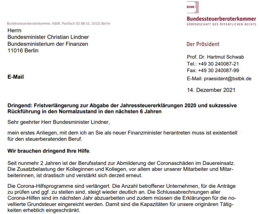 BStBKaktuell's tweet photo. #Fristen: BStBK-Präsident Hartmut Schwab wendet sich an Bundesfinanzminister @c_lindner und fordert Fristverlängerung zur Abgabe der Jahressteuererklärungen 2020 und eine sukzessive Rückführung in den Normalzustand. https://t.co/VIYzjwjlID 
@BMF_Bund https://t.co/0vJ0X48dnQ
