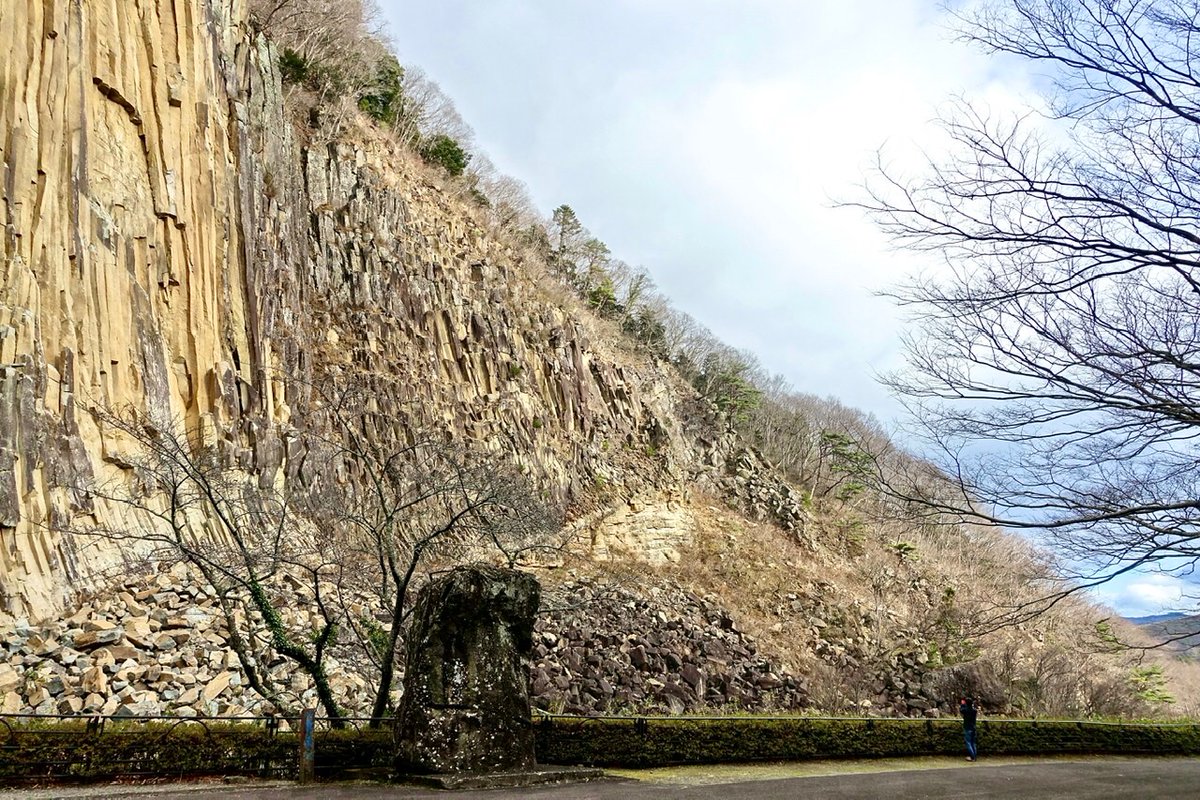 Tohoku_U_Museum's tweet photo. 宮城県の誇る柱状節理「小原の #材木岩」(白石市小原)。高さ約65メートル幅約100メートルにわたり安山岩と流紋岩の中間的性質をもつ火山岩 #デイサイト(#Dacite)がマグマとして噴出し、冷却固結したときに体積が減って四角から六角の柱状になりました。同地で鉱物観察調査しました。 https://t.co/ePCtR4wDZu
