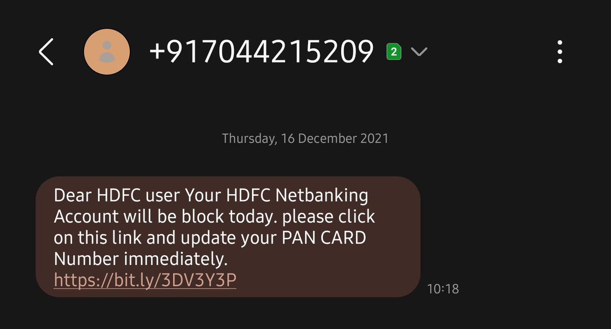 niknish27's tweet photo. @HDFCBank_Cares 
Received this message today. Looks like the exact copy of your login page. Kindly check

Dear HDFC user Your HDFC Netbanking Account will be block today. please click on this link and update your PAN CARD Number immediately.
https://t.co/1fmXkCAeyi https://t.co/gbBWx3qmwJ