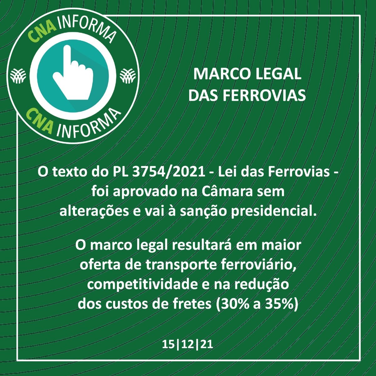 SistemaCNA's tweet photo. #cnainforma #sistemacna #marcolegaldasferrovias #ferrovias #projetodelei #transporteferroviario https://t.co/xPDGv2WGjZ