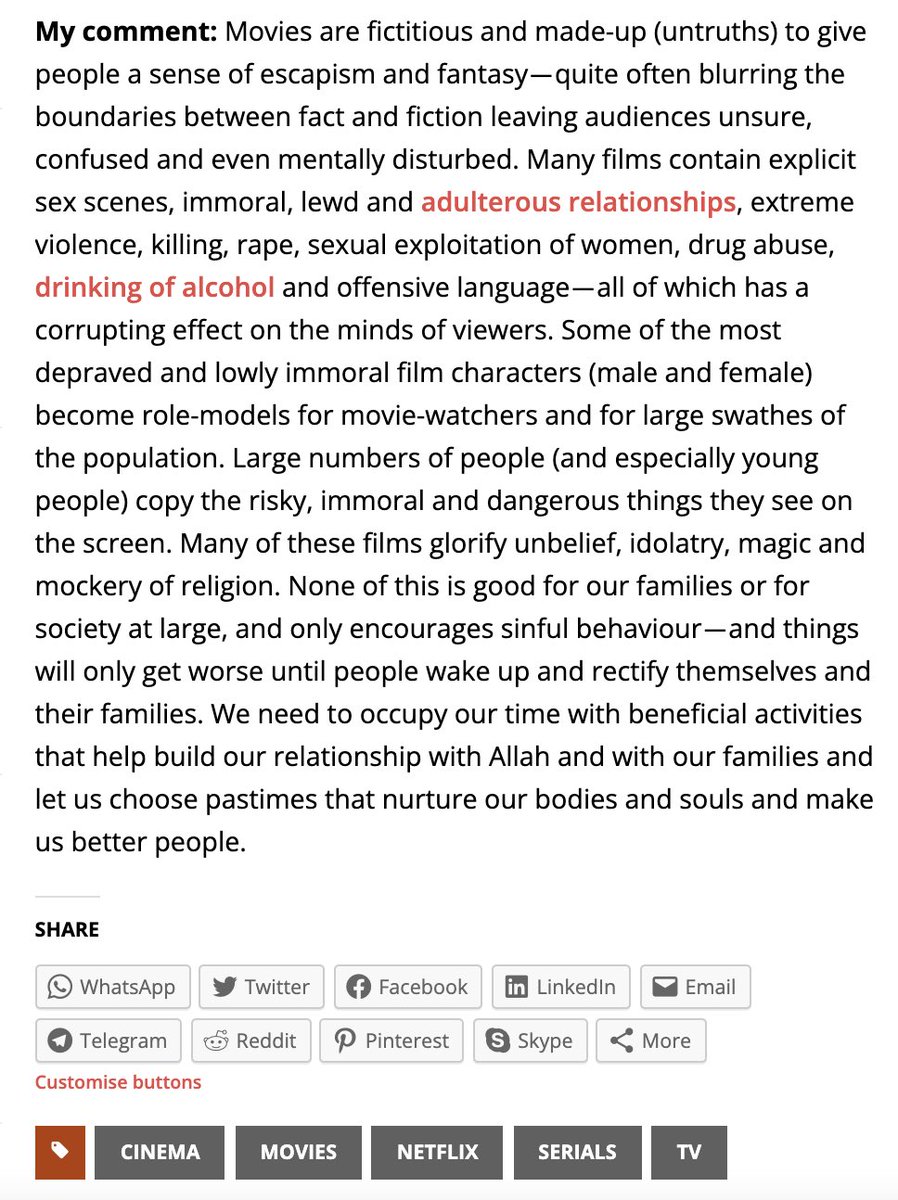 AbuKhadeejahSP's tweet photo. Movies are fictitious, made-up to give people a sense of escapism and fantasy―they blur the boundaries between fact and fiction, often leaving the viewer confused and disturbed. Many films contain explicit sex scenes, immoral behaviour, heresies and Kufr.

https://t.co/xC1o3ZfloA https://t.co/RP3Hvul8Hf