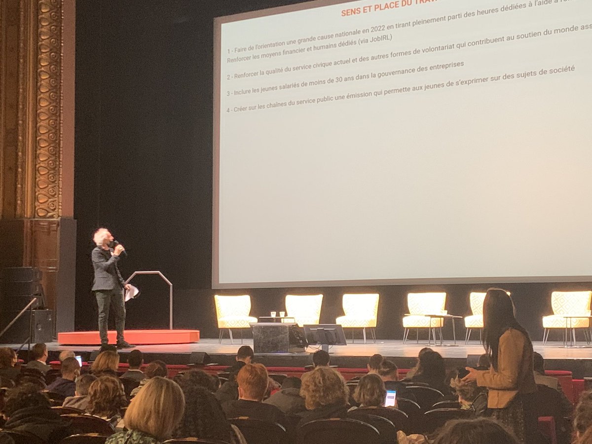 Présentation de propositions sur le sens et la place du travail dans la vie des jeunes puis vote du public. Les résultats seront envoyés aux candidat.e.s à la présidentielle #ParlementDesJeunes