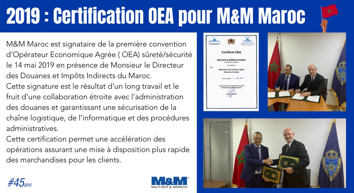Militzer_Munch's tweet photo. 📃2019 : Certification OEA pour M&amp;M Maroc

M&amp;M Maroc est signataire de la première convention d’Opérateur Economique Agrée ( OEA) sûreté/sécurité le 14 mai 2019 en présence de Monsieur le Directeur des Douanes et Impôts Indirects du Maroc.

#Maroc #Transport #OEA https://t.co/tWAuIApv4c