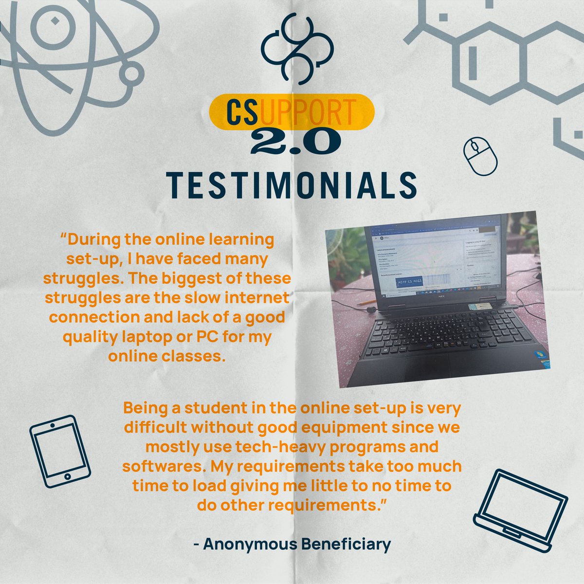 upcssc's tweet photo. With another semester of remote learning, we need each other more than ever to help make accessible, quality education a reality for everyone. Here are testimonies from two CS students, both beneficiaries of CSupport, that reflect the struggles of students amidst this pandemic. https://t.co/0chE5s3Wns