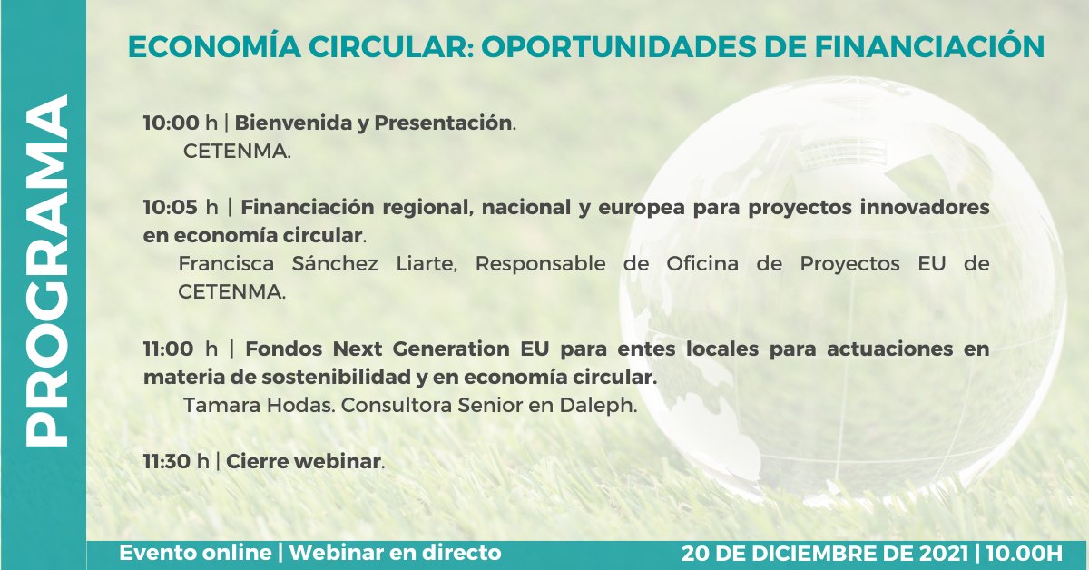 CETENMA's tweet photo. 📣 Webinar informativo en directo
𝗢𝗣𝗢𝗥𝗧𝗨𝗡𝗜𝗗𝗔𝗗𝗘𝗦 𝗗𝗘 𝗙𝗜𝗡𝗔𝗡𝗖𝗜𝗔𝗖𝗜𝗢́𝗡 𝗘𝗡 𝗘𝗖𝗢𝗡𝗢𝗠𝗜́𝗔 𝗖𝗜𝗥𝗖𝗨𝗟𝗔𝗥
🗓️ 20/12/2021
🕐 10.00h - 11.30h
➡️ https://t.co/arT9wnBR4c
✍️ https://t.co/YIhxwzoLbj
#CÍRCULO
#LOOPDays https://t.co/scscVOp3Tk