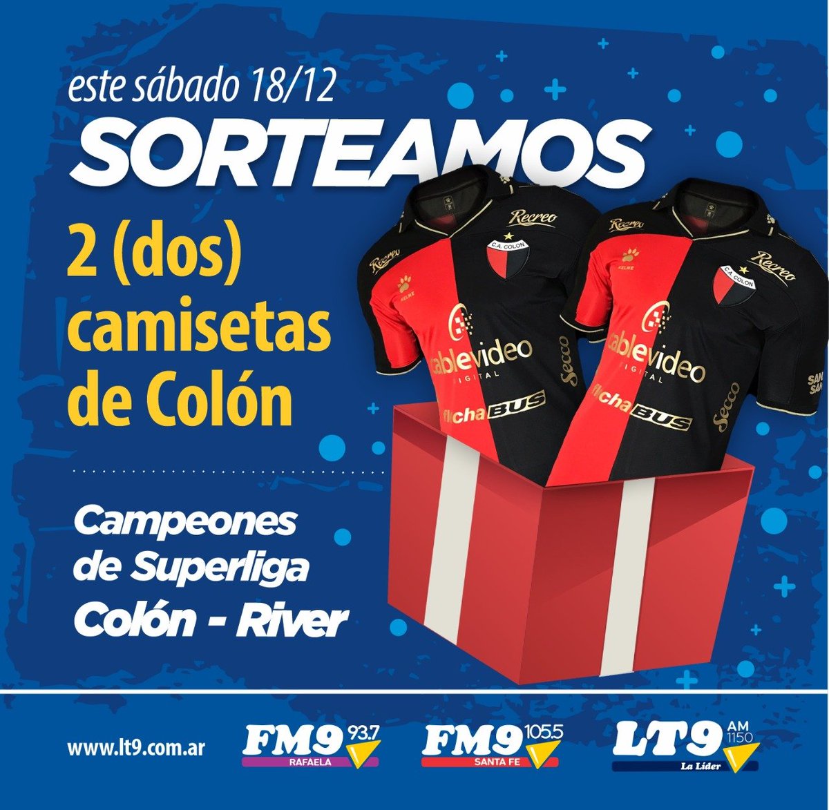¡SORTEO SABALERO! 💪

🏆 #Colón vuelve a jugar una final y desde LT9 SORTEAMOS 2 CAMISETAS, gentileza de #Kelme (<a href="/kelmeargentina/">KELME Argentina</a>), para nuestros seguidores roijnegros.

🤔 ¿Cómo participo?:

- Seguinos (<a href="/lt9lider/">LT9 - La Nueva Nueve 🎙️</a>),
- Dale RT a la publicación.

🗓️ ¡El sábado están los ganadores!