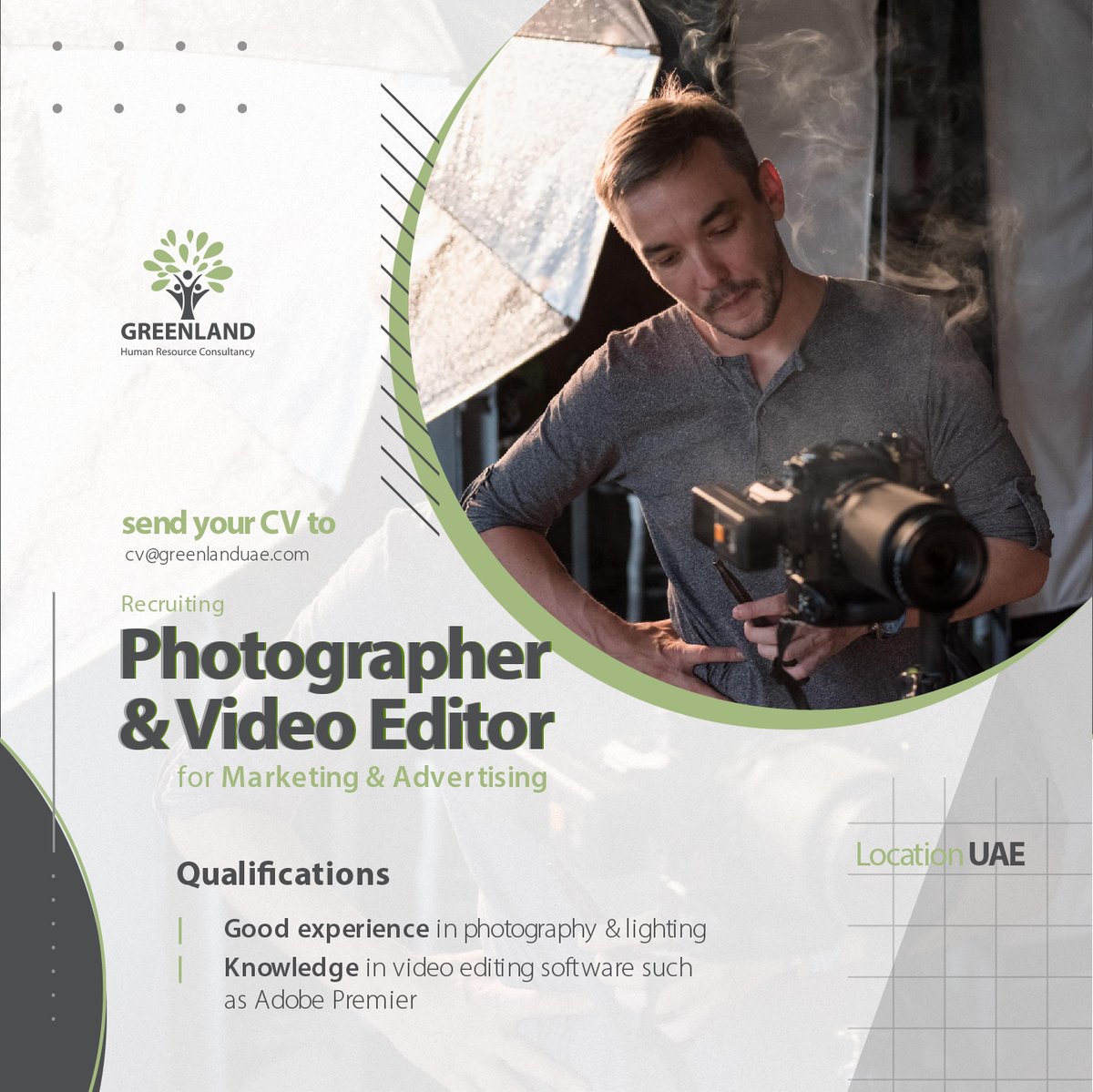 greenlanduae's tweet photo. We are hiring a Photographer and video editor for a Marketing &amp; Advertising company in UAE

Please send your CV and portfolio to 📧cv@greenlanduae.com

#GreenlandUAE #Hiring #Recruitment #JobSearch #Jobs #DubaiJobs #JobHunt #JobSearching #Dubai #UAE #WeAreHiring #Photographer https://t.co/c4eAFtkijT