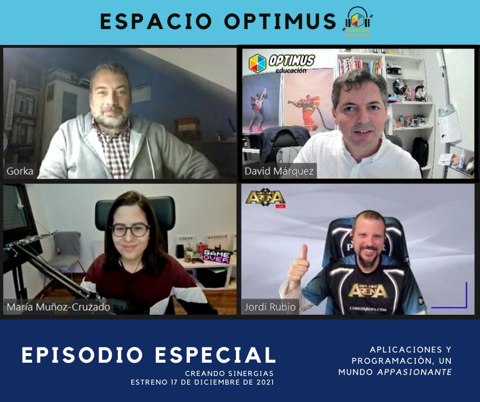 OptimusEduca's tweet photo. ¡MAÑANA!
Sí, sí, sí...🥳 Mañana se estrena🆕 #episodio de nuestro #podcast 🧡Espacio Optimus🎧

En este capítulo conectamos con la #programación y el mundo de las #APPS más a fondo que nunca

Podrás escucharlo tanto en nuestras redes como en la página web: https://t.co/aFD9nehwR9 https://t.co/OvmzFjyh46
