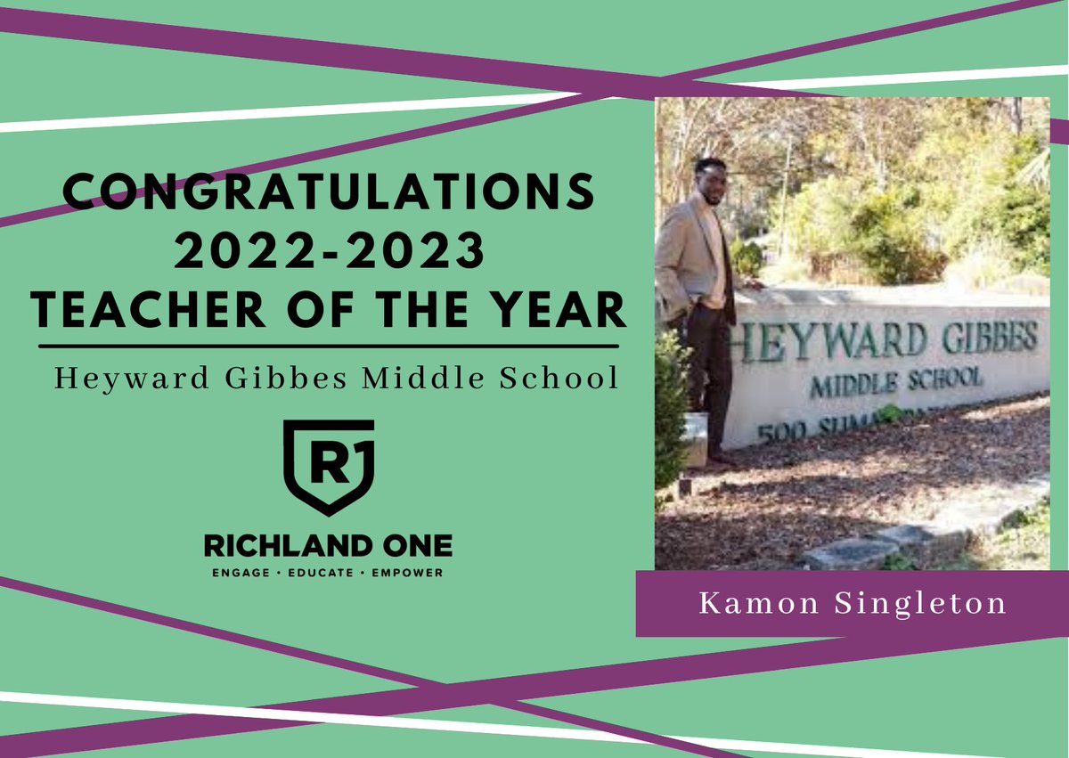 8 Join <a href="/RichlandOne/">Richland One Schools</a> in congratulating <a href="/heyward_gibbes/">Heyward Gibbes</a>' Teacher of the Year, Kamon Singleton! #R1Strong #GoingfortheGoal