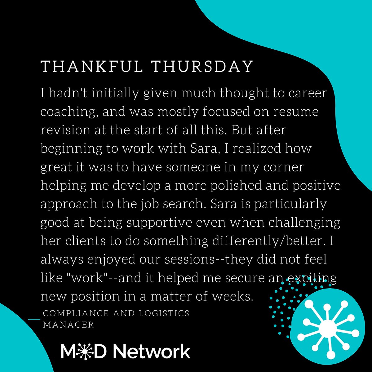 MODNetworkLLC's tweet photo. A wonderful testimonial from a Compliance and Logistics Manager. Sometimes all you need is another perspective to rethink something you thought you already knew. Learn more at https://t.co/93hFogwkbY today! #MODNetwork #ThankfulThursday #Coaching #Reframe https://t.co/FSyMgz5nS6