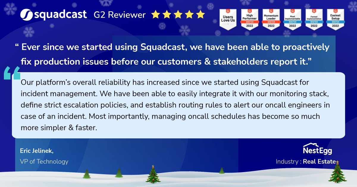'Managing oncall schedules has become so much simpler &amp; faster. Through <a href="/squadcastHQ/">Squadcast Inc.</a>'s intelligent routing rules &amp; strict escalation policies, our platform’s overall reliability has increased', says Eric Jelinek, VP - Technology <a href="/NestEggRent/">NestEgg.Rent</a>.
👉bit.ly/324LH71
#Casestudy