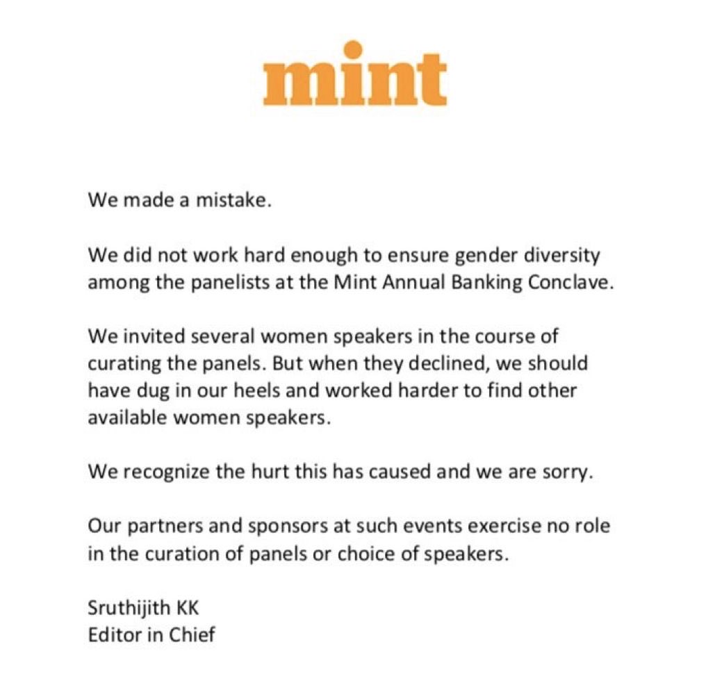 Tx ⁦<a href="/RonnieScrewvala/">Ronnie Screwvala</a>⁩ for raising this issue. Kudos to ⁦<a href="/livemint/">Mint</a>⁩ for accepting their error. Well done. It’s a shame not to give women a voice!