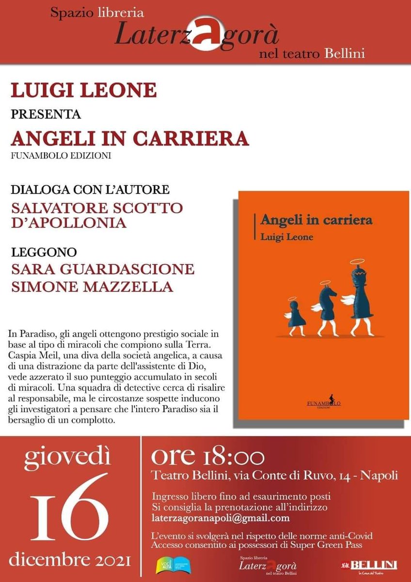 Amici napoletani, vi aspettiamo questa sera al Teatro Bellini di Napoli Laterzagorà Napoli per la presentazione di "Angeli in Carriera"!Appuntamento alle 18 con l'autore Luigi Leone e con Salvatore Scotto D'Apollonia!Letture di Sara Guardascione e Simone Mazzella!