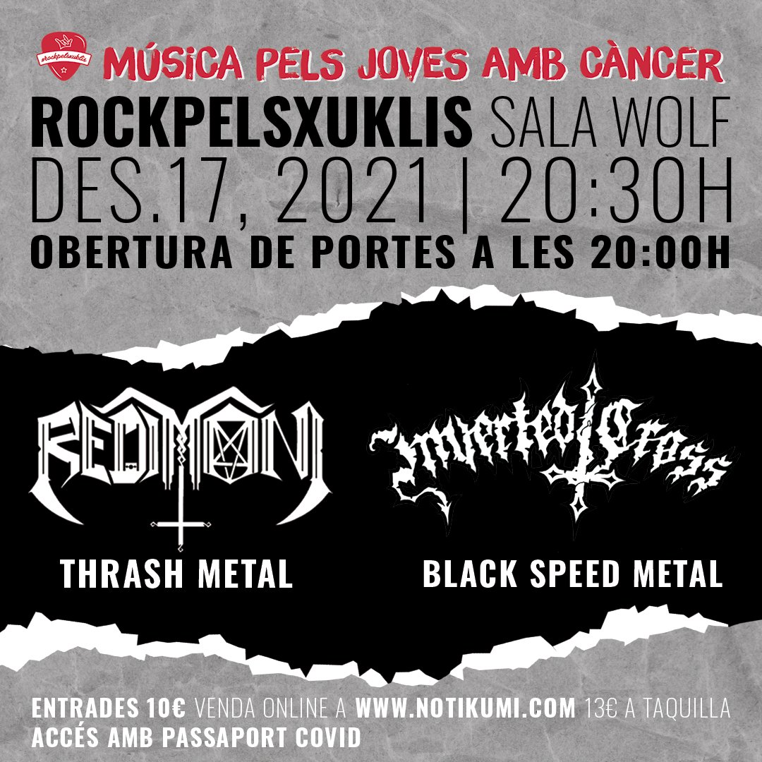 rockpelsxuklis's tweet photo. 📍DEMÀ DIVENDRES 17 de desembre @Wolflivebcn 🐺
🕗20:30h (obertura de portes 20h) 
💥REDIMONI 
💥INVERTED CROSS 
🙌🏻ENTRADES: 
https://t.co/z3vEzJYls6
‼️Accés obligatori amb passaport COVID.

#rockpelsxuklis #music #AFANOC #LaCasadelsXuklis #wolf #salawolf https://t.co/MknmEbx07a