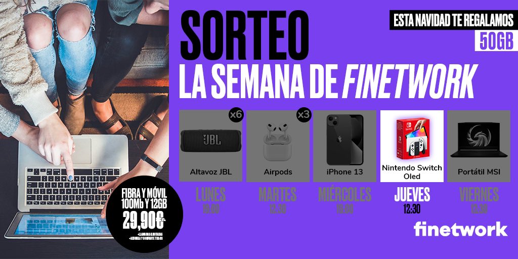🟣 SORTEO DE UNA NINTENDO SWITCH OLED ENTRE TODOS LOS QUE COMENTEN CON #FINETWORKda50GB 🟣

LA SEMANA DE FINETWORK

Para ganar, hay que:

1.RT este tweet. 
2.Comentar con el #FINETWORKda50GB

Cuanto más comentéis, más probabilidad.

Mucha suerte y a por el penúltimo sorteo. 🚀