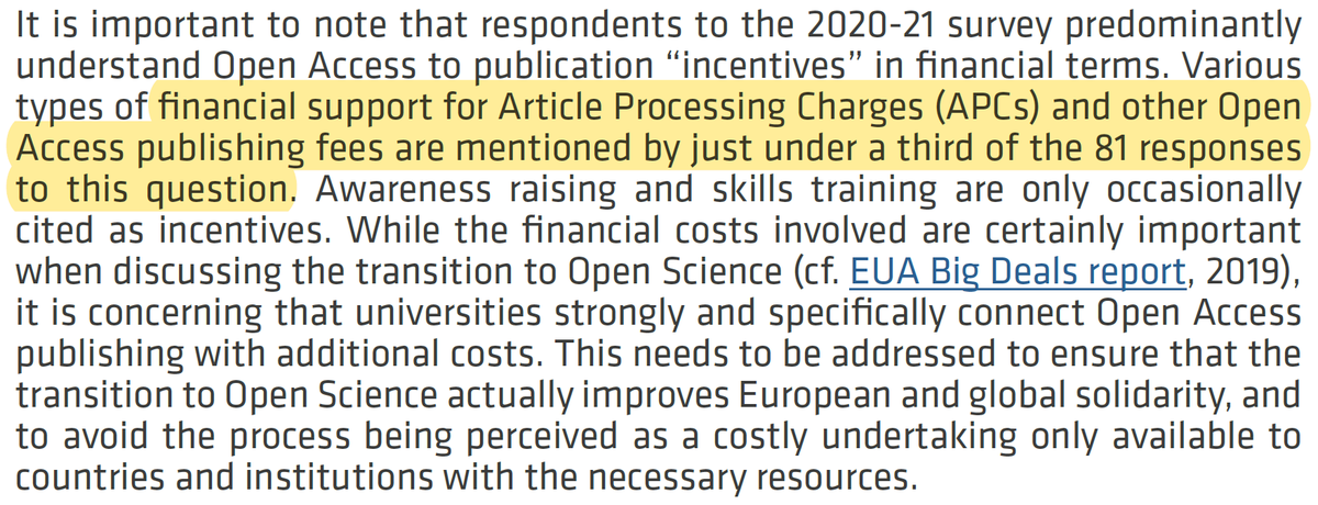 bsaenen's tweet photo. When asked about the 'incentives' they offer for #OpenAccess publishing, universities predominantly understand this question in financial terms. Based on their experience they are starting to equate #OpenAccess with #ArticleProcessingCharges #APCs 2/3 https://t.co/a4RaYEvcHF
