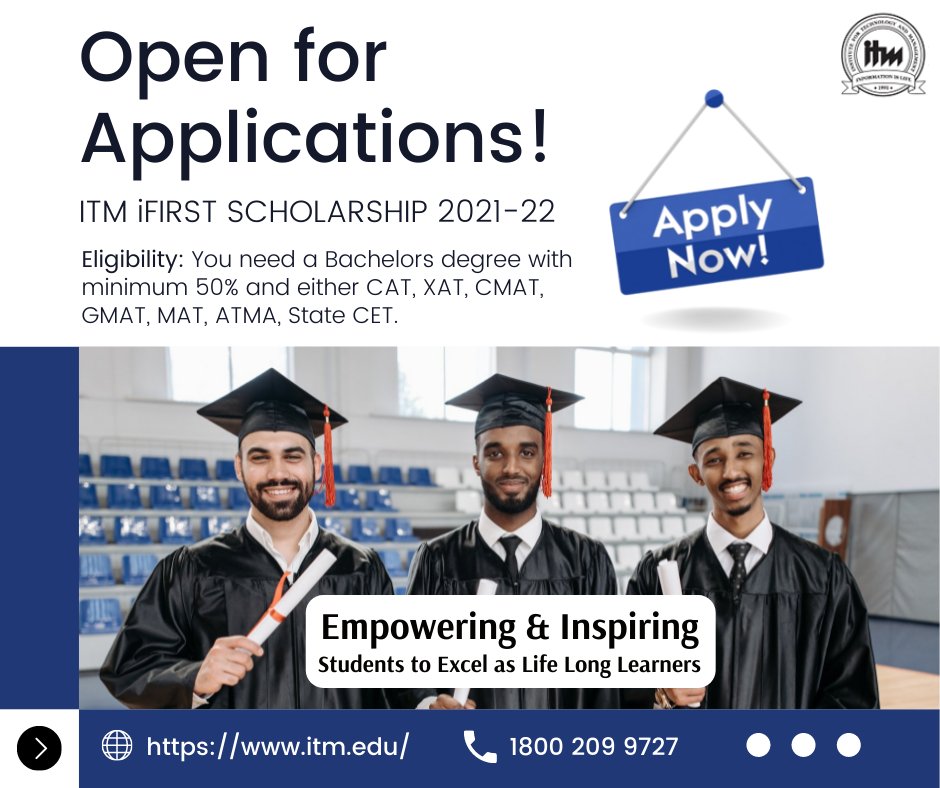 ITMInstitutes's tweet image. The premium B -School ITM is inviting applications for its scholarship program 2021-22. 
Up to 90% scholarship available for selected candidates.
Change your career trajectory by applying before 𝟮𝟭𝘀𝘁 𝗝𝗮𝗻 𝟮𝟬𝟮2.

#scholarshipprogramme2021
#scholarshipprogrammes
#pgdm2022
