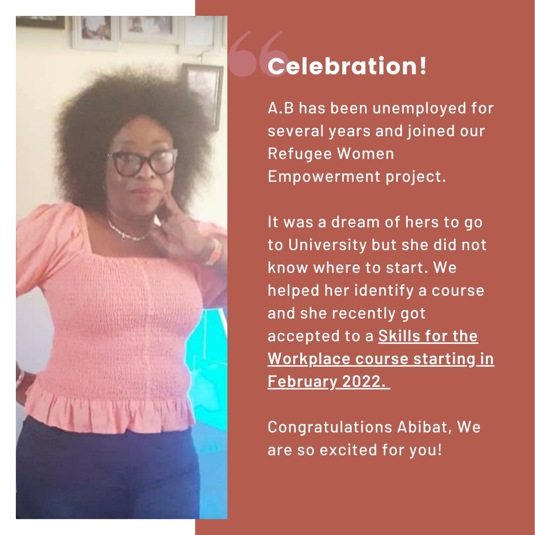 We celebrate A.B, a participant whose desired outcomes were met and she starts her university course in February!
This is a dream she’s had since coming to this country and we believe that it will open the door of employment for her.
Congratulations!
<a href="/WCVA_AIF/">Active Inclusion</a> <a href="/WCVACymru/">WCVA | CGGC</a> 
#TheCAE