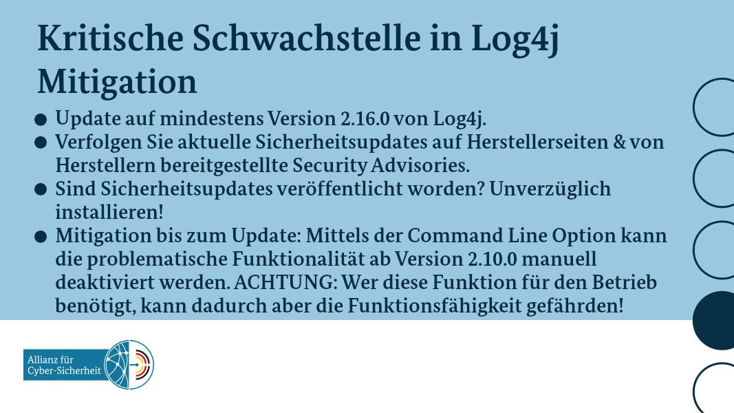 ❗Aktuelle Infos zur kritischen Schwachstelle in #Log4J und wichtige Maßnahmen zur Detektion und Reaktion werden laufend auf der <a href="/BSI_Bund/">BSI</a> Webseite aktualisiert: bsi.bund.de/dok/log4j #Log4Shell
Einen Überblick &amp; wichtige Infos zur Mitigation👇
#DeutschlandDigitalSicherBSI