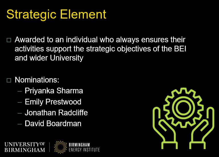 Congratulations to the nominees and winners of the #BEI festive awards 🏆🏆🏆

Yulong Ding (<a href="/YLDing2/">YL Ding</a>) - Energy Award

Lada Zimina - Power Award  

Jonathan Radcliffe (<a href="/UKenergyinnov8/">Jonathan Radcliffe @jonathanradcliffe.bsky.social</a>)- Strategic Element 

Adriano Sciacovelli (<a href="/Sciacovelli_UoB/">Adriano Sciacovelli</a>) - Light Bulb Award