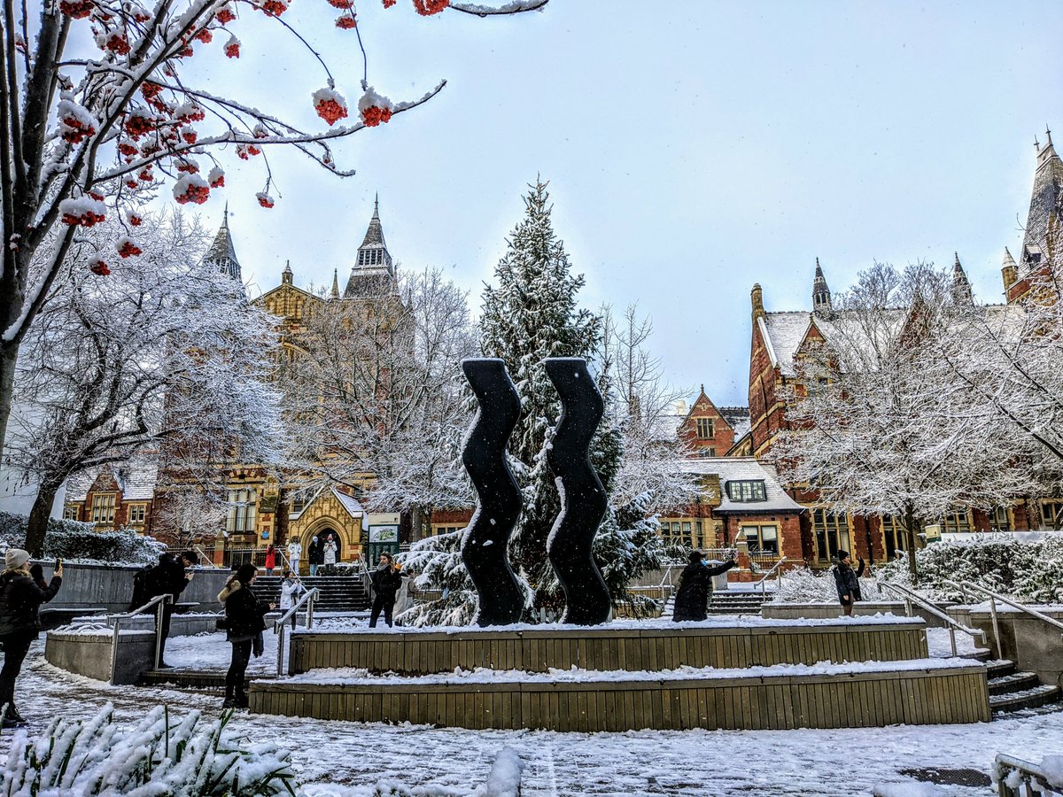 The Christmas tree in Beech Grove plaza is seen above a wiggly line sculpture. The buildings and trees also have snow on them. There are several people in the foreground.