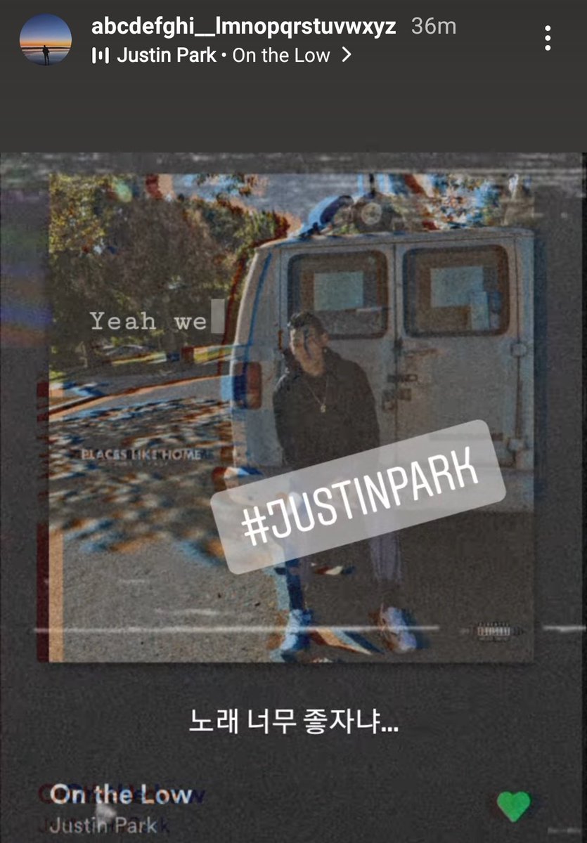 After Jungkook recommended Justin Park's song "On the Low" in his instagram story, both the song "on the low" and "Justin Park" are trending in Melon ( South Korea's Largest Streaming App ) at #1 and #2 respectively.