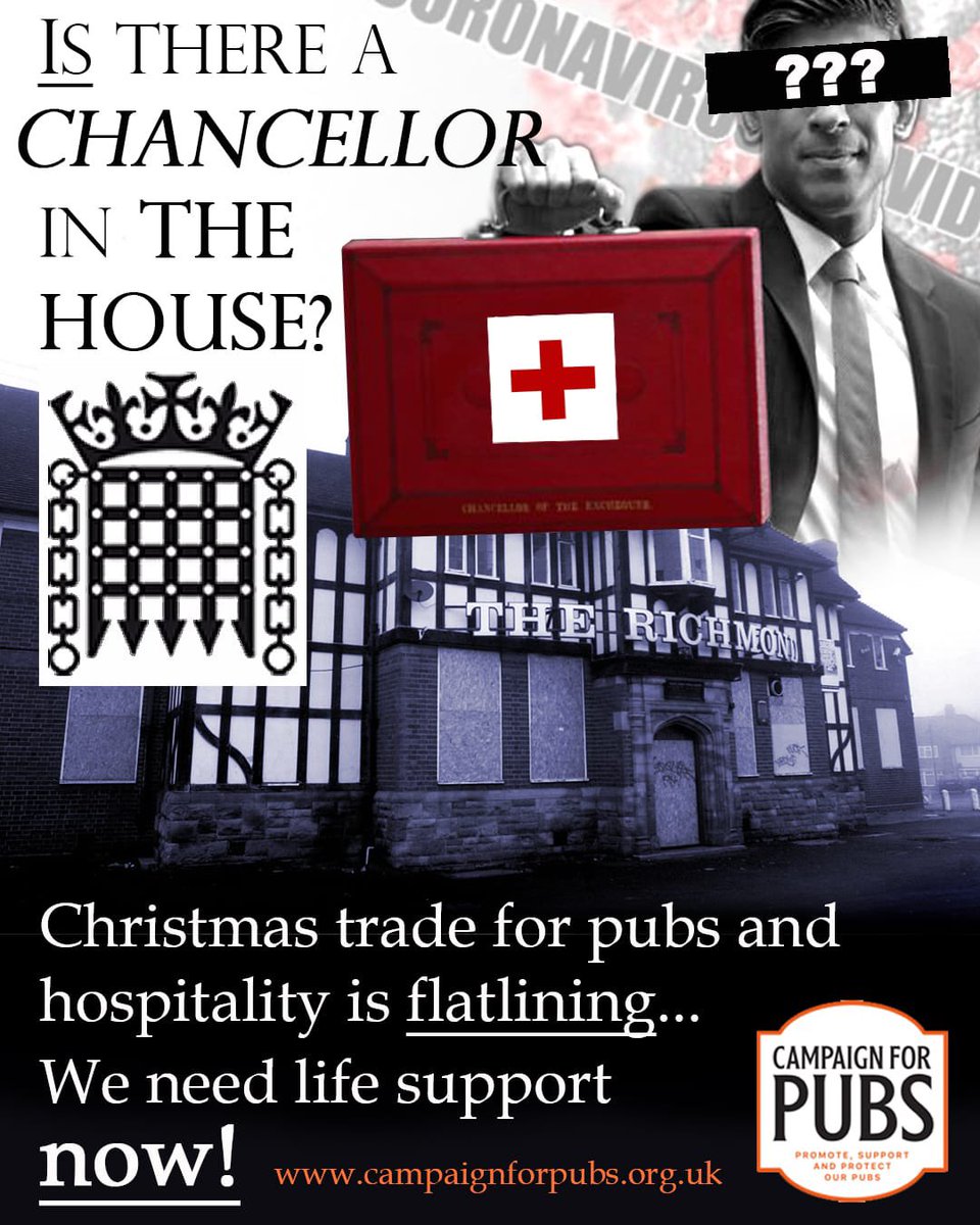 Is there a Chancellor in the House..?

With Government announcements/restrictions/advice #pubs all over the UK are seeing vital December trade flatlining &amp; Christmas bookings decimated. Pubs, livelihoods, jobs are at risk

Proper support is needed NOW <a href="/RishiSunak/">Rishi Sunak</a>

#SupportOurPubs
