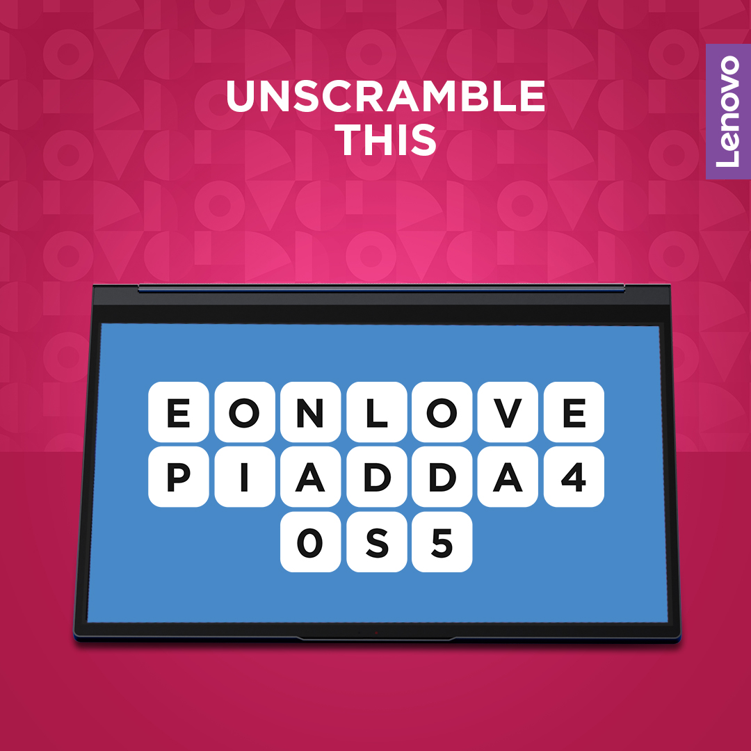 Lenovo_Africa's tweet photo. Time for our first #FestivePlay! Let's see who can unscramble this...
Here's a clue: I am a Lenovo laptop. π€
#10DaysOfFestivePlays
#Lenovo #Smarter https://t.co/tXxon4MLkO