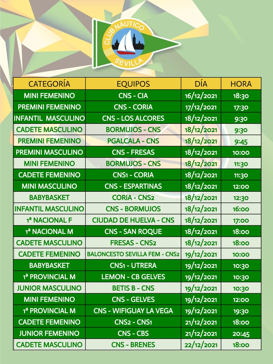 CNauticoSevilla's tweet photo. 📌🏀📆 #AGENDACNS de la sección de baloncesto
Partidos programados del 16 al 22 de diciembre en la sección de baloncesto del Club Náutico Sevilla en las competiciones @SevillaFaB y @FAB_Andaluza https://t.co/C2hUHPV0UV