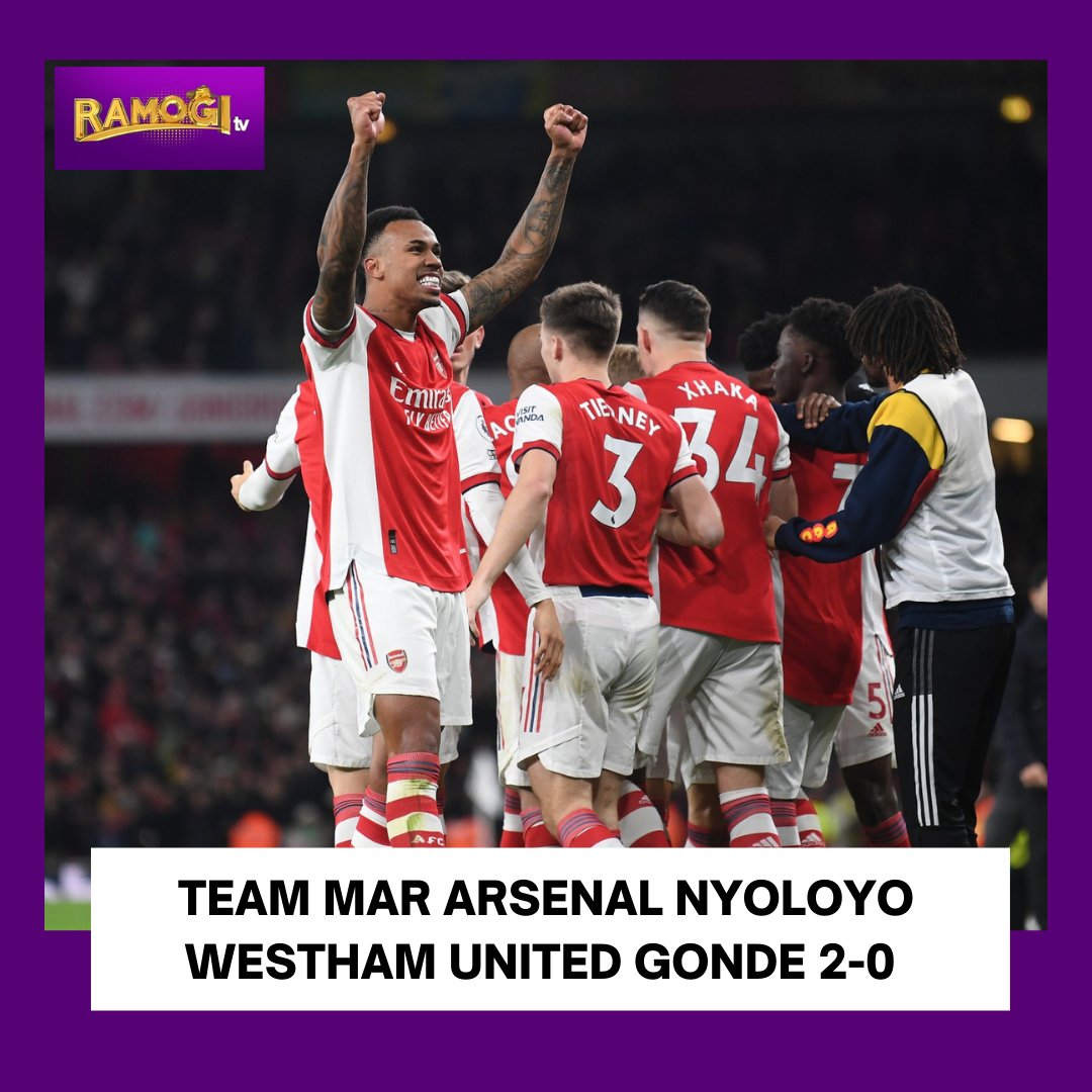 RamogiTVKe's tweet photo. Arsenal nyoloyo Westham United gonde 2-0 e tugo mar league maduong ma piny Ingereza nyoro gotieno. Gonde mag arsenal nyoloo kod Gabriel Martinelli kod Emille Smith Rowe. Alexandre Lacazette, nyowito penalt manyoresi gi jagoal Lukas Fabianski. #MIGAGO #WecheManyien https://t.co/PqTTfi7jJ4