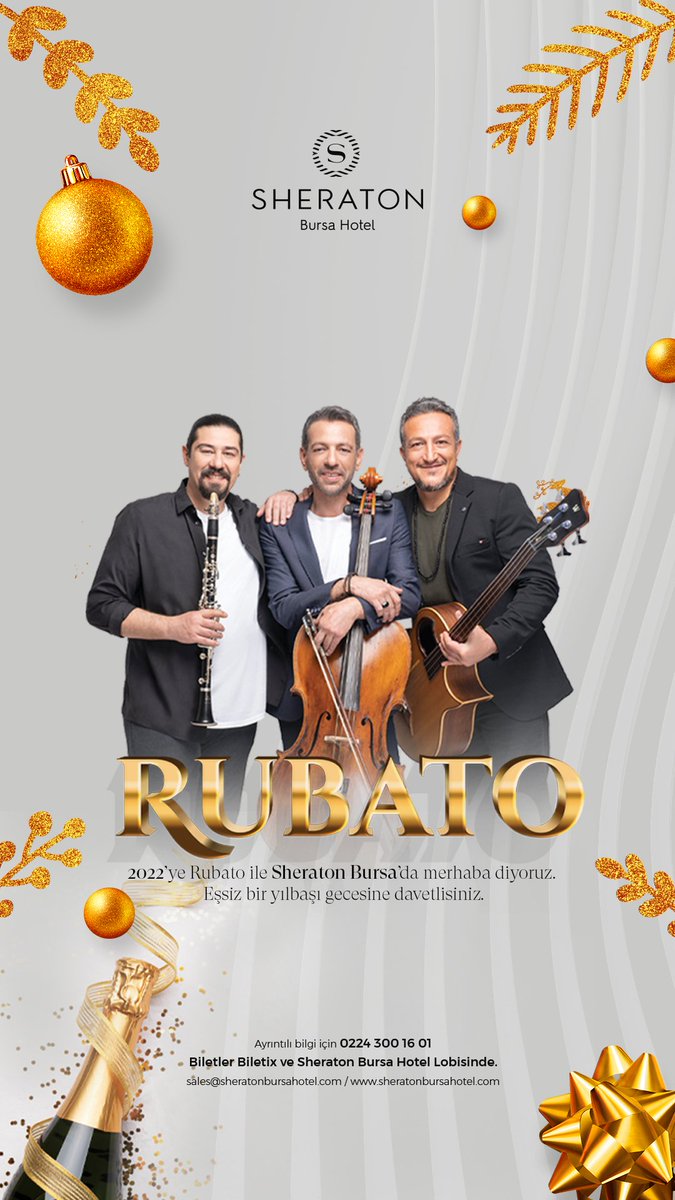 Sheraton_Bursa's tweet photo. Çok az kaldı! 💫

Yeni yıla, Rubato ile Sheraton Bursa’da merhaba diyoruz 🎅🎉🎊✨
@RubatoOfficial

Detaylı bilgi için 0224 300 16 01 numaralı telefonu arayabilir ya da sales@sheratonbursahotel.com adresine mail iletebilirsiniz. 🎈🎉 https://t.co/cnttiLfmpG