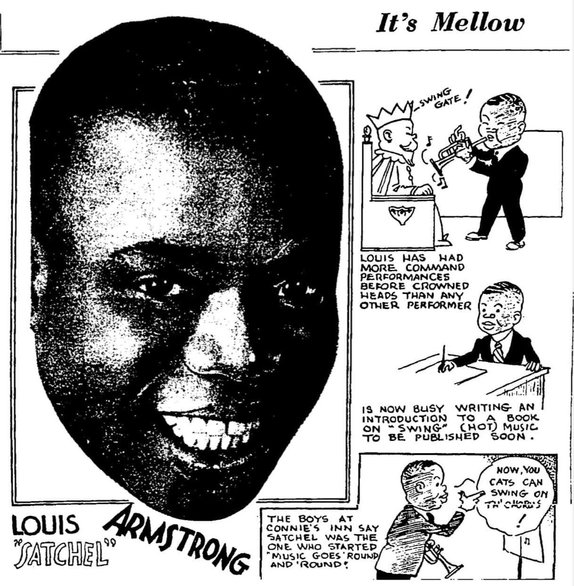 hoofer2's tweet photo. “It’s mellow.” Talking about Louis Armstrong and an advertisement for him at Connie’s Inn in Harlem. #mellow #mellowtone #louisarmstrong #illustration #cartoon #jazz #blues #recordingartist #harlem https://t.co/q6eJO6Tfy8