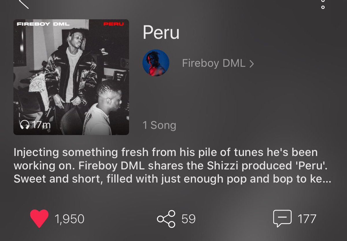 RT @Firecitizens_: Peru hits 17m streams on Boomplay 
#Peru #Fireboydml https://t.co/xyckWstB5E