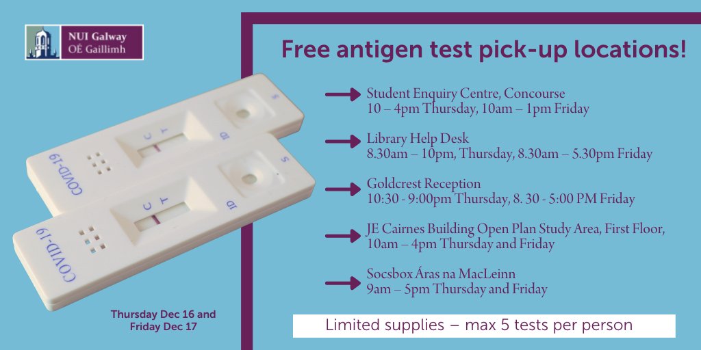 uniofgalway's tweet photo. 🌟FREE Antigen Tests🌟 @nuigalway students can collect FREE Antigen Tests today (Friday 17 DEC). 
Distribution points:   
✔️The Student Enquiry Centre 
✔️The Library Help Desk 
✔️ Goldcrest Reception 
 ✔️JE Cairnes Building Open Plan Study Area
✔️Socsbox Áras na Mac Léinn https://t.co/PYNb8aFpwH