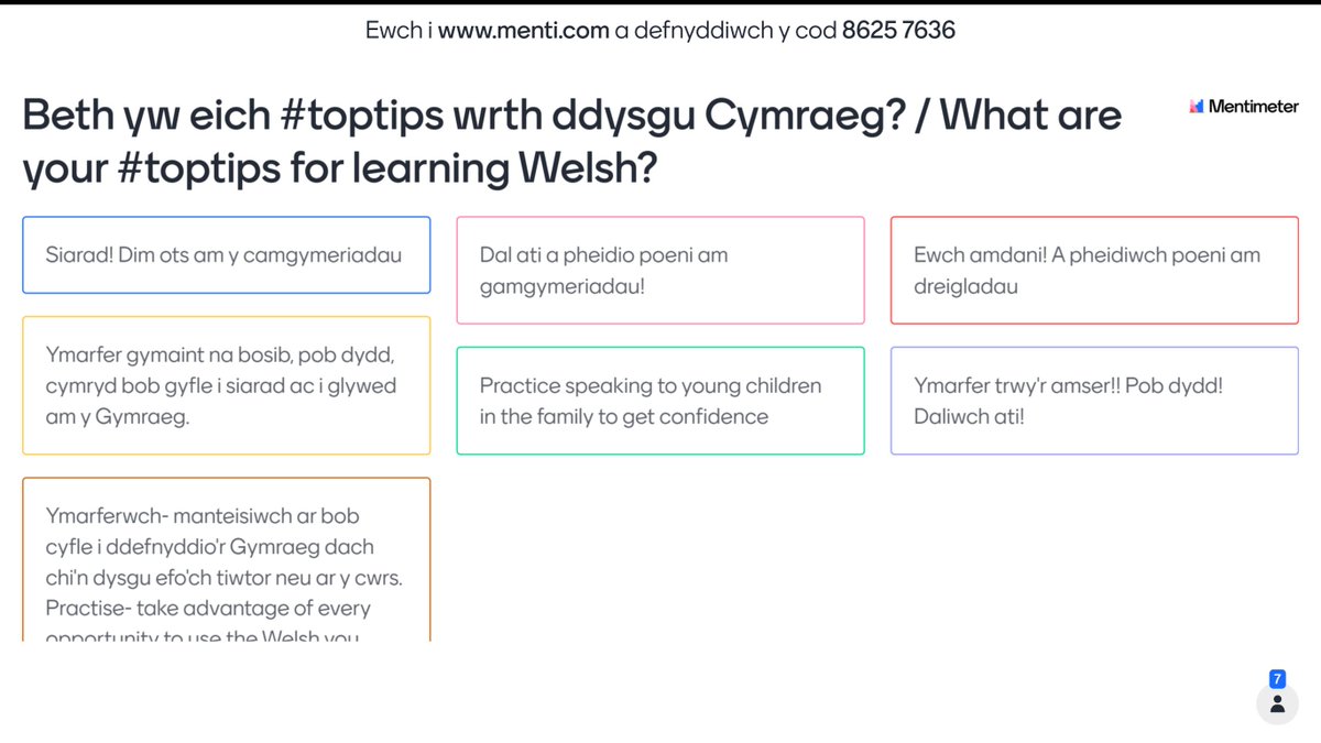 Yn ystod ein digwyddiad #DathluaDatblygu Cymraeg Gwaith fe wnaethon ni holi am eich #toptips wrth ddysgu Cymraeg

Ychwanegwch eich ateb yma:
menti.com/gkijm8hrur