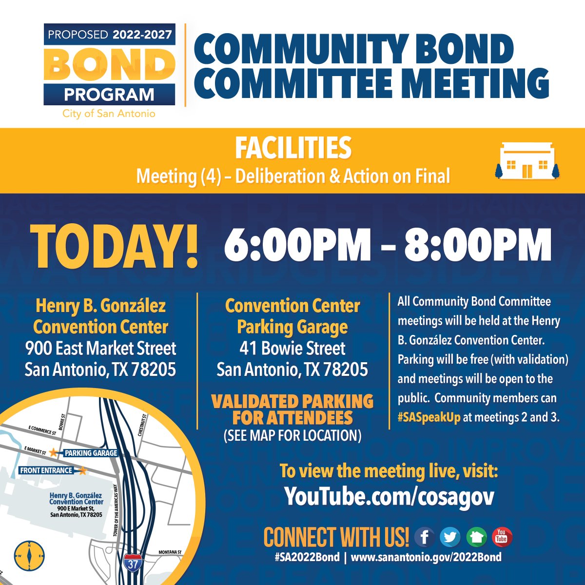 SAPublicWorks's tweet photo. Make your voice heard at the #SA2022Bond meeting. Tonight we discuss Facilities. To view the meeting live, visit https://t.co/q4vmbJEfWg. #SA2022Bond #MaskEncouraged #DoItForSA @cosadhs @SATXFIRE @SATXPolice @mysapl
 https://t.co/hKh96mbf1B https://t.co/67waNRgPpP