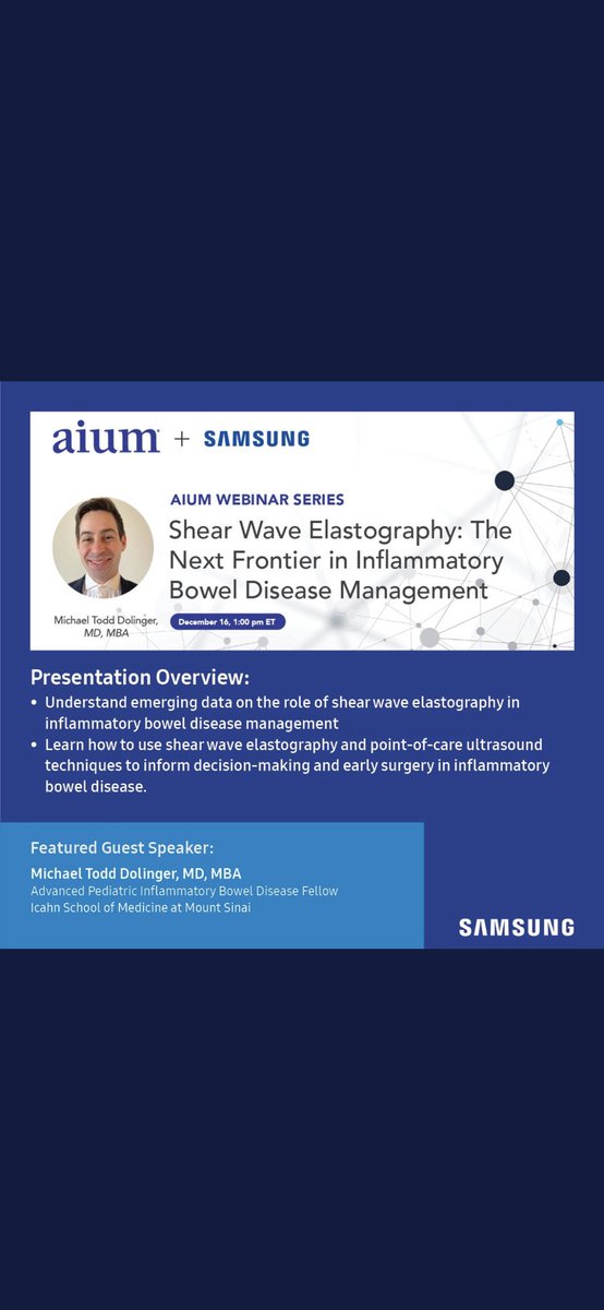 Michael Todd Dolinger, MD MBA (@drmikedolinger) on Twitter photo Speaking today at 1 pm EST on the role of IUS and shear wave elastography in IBD mgmt. It may seem like the future but this is what we are doing for pts everyday <a href="/MSHS_IBDCenter/">Mount Sinai IBD Center</a>. Simply game changing. Free registration link: aium-org.zoom.us/webinar/regist… Speaking today at 1 pm EST on the role of IUS and shear wave elastography in IBD mgmt. It may seem like the future but this is what we are doing for pts everyday <a href="/MSHS_IBDCenter/">Mount Sinai IBD Center</a>. Simply game changing. Free registration link: aium-org.zoom.us/webinar/regist…
