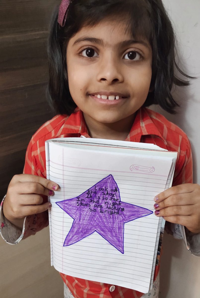SAI_Edu_In's tweet photo. English - Writing a poem ( The Star )

Poetry is the rhythmical creation of beauty in words. 
Today our SAIoneers framed an amazing poem on "The Star" on star shaped  cutouts made out of A4 size paper. Every child  came up with his/her own poetic skill. 
#funfilledactivity https://t.co/4Bf2JOEgUA