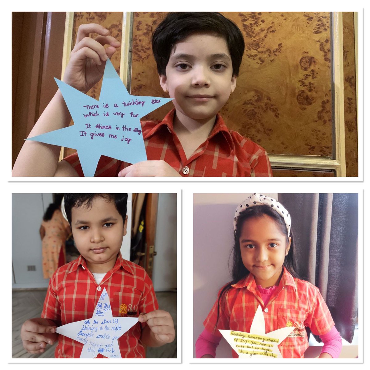 SAI_Edu_In's tweet photo. English - Writing a poem ( The Star )

Poetry is the rhythmical creation of beauty in words. 
Today our SAIoneers framed an amazing poem on "The Star" on star shaped  cutouts made out of A4 size paper. Every child  came up with his/her own poetic skill. 
#funfilledactivity https://t.co/4Bf2JOEgUA