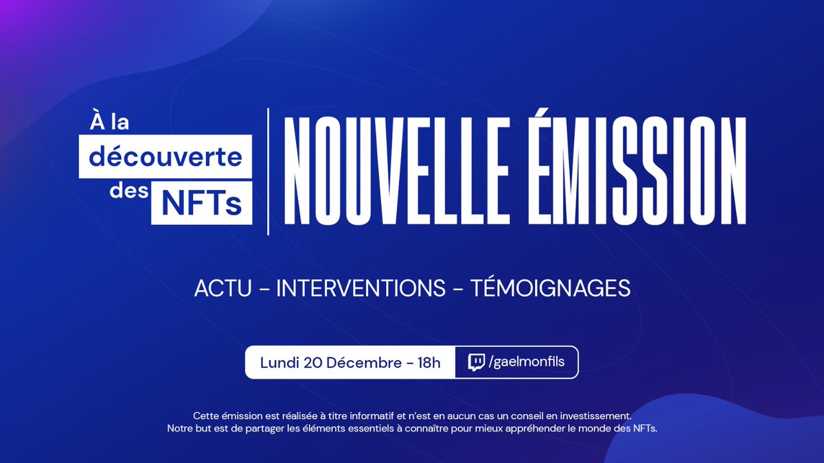 Vous avez été hyper nombreux à valider l’idée d’un talk sur les NFTs !

On se retrouve donc le 20 Dec en live sur Twitch avec <a href="/ApeGangNFT/">ApeGang.eth</a> <a href="/Dogami/">DOGAMÍ</a> @MooningMonkeys @OtakuKlub <a href="/rusk0f/"></a> (<a href="/TheDiggers_io/">TheDiggers</a>) <a href="/MoodyApeClub/">Moody Ape Club</a> @ThorkSorare &amp; NFTActu pour découvrir ce monde ensemble !