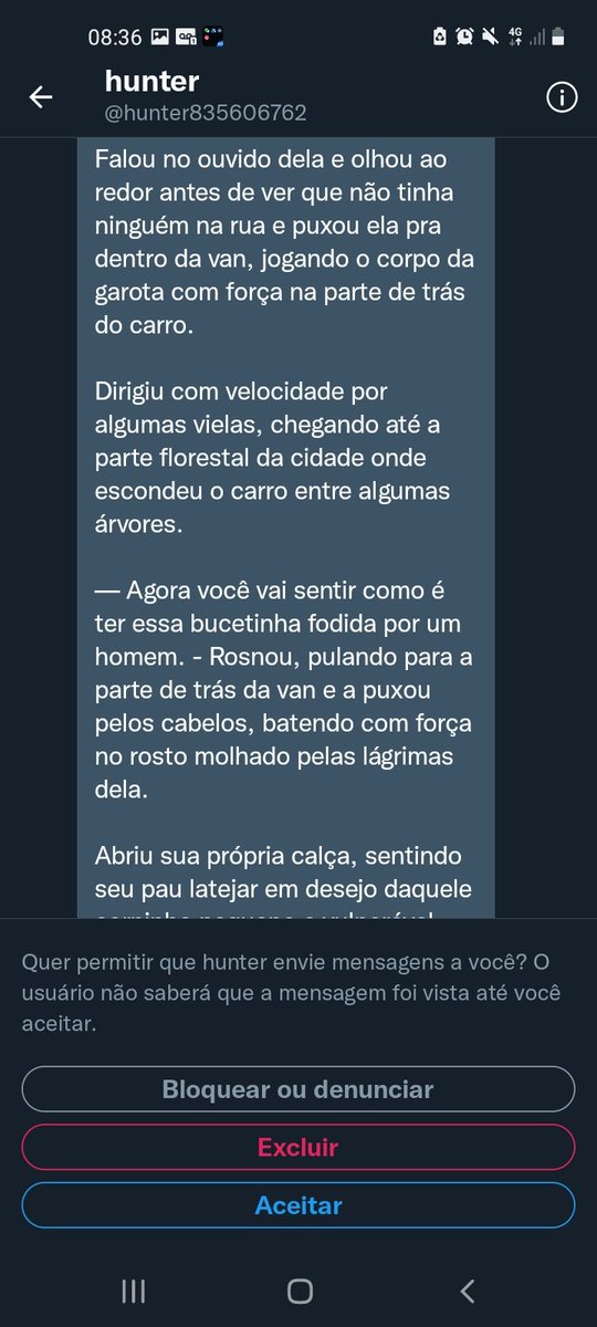 stigmaetic's tweet image. TW estrupro e morte

recebi essa dm de um fdp, poderiam pfv denunciar para a conta cair??