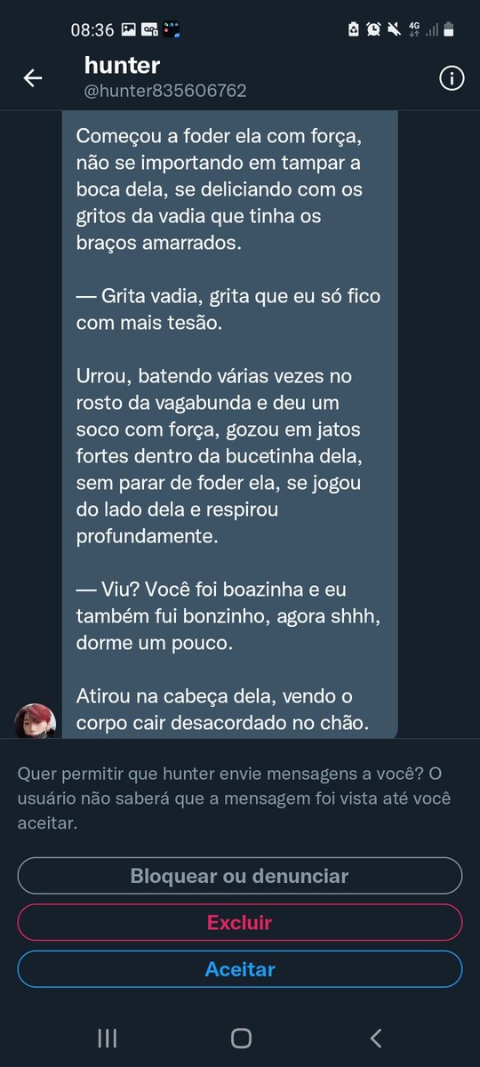 stigmaetic's tweet image. TW estrupro e morte

recebi essa dm de um fdp, poderiam pfv denunciar para a conta cair??