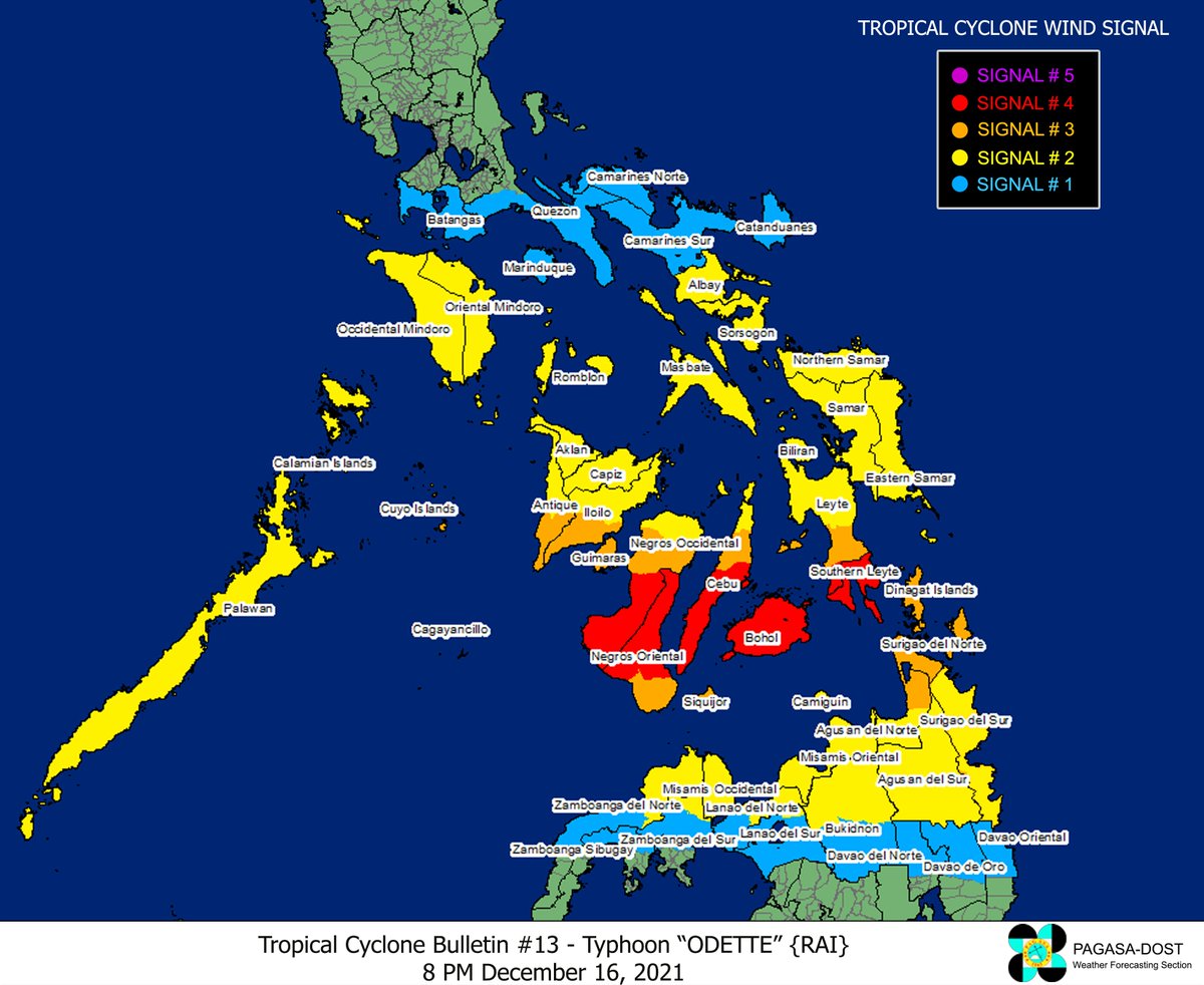 dost_pagasa's tweet photo. TROPICAL CYCLONE BULLETIN NO. 13
Typhoon “#OdettePH”
Issued at 8:00 PM, 16 December 2021
Next bulletin at 11:00 PM today

TYPHOON “ODETTE” SLIGHTLY WEAKENS AND IS NOW TRAVERSING THE NORTHERN PORTION OF BOHOL. 
 
DOST-PAGASA
Link: https://t.co/nOU972reaq https://t.co/PhPk8JaiqR