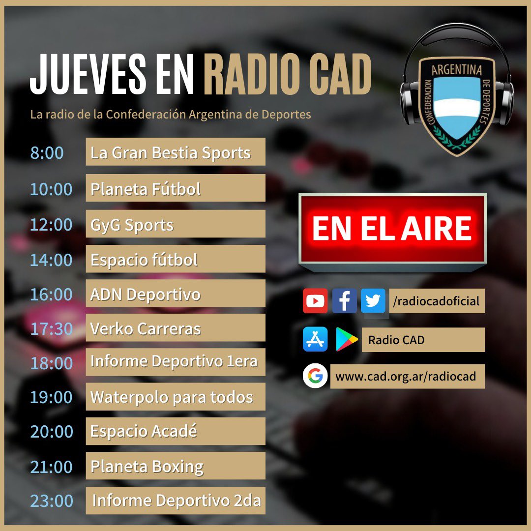 📻Ya podes disfrutar del jueves en la radio de la Confederación Argentina de Deportes 🇦🇷

📅 Hoy tenemos:

📌 <a href="/BestiaSports/">La Gran Bestia Sports</a>
📌 <a href="/PlanetaFutbolOK/">Planeta Fútbol</a>
📌 <a href="/GyDeportes/">GyGDeportes</a>
📌 @EspacioFutbolOk
📌 <a href="/ADNDeportivo21/">ADN Deportivo (en 🏠)</a>
📌 @WaterpoloParaTodos
📌 <a href="/EspacioAcade/">Espacio Acade</a>
📌 <a href="/PlanetaBoxing/">Planeta Boxing Radio</a>