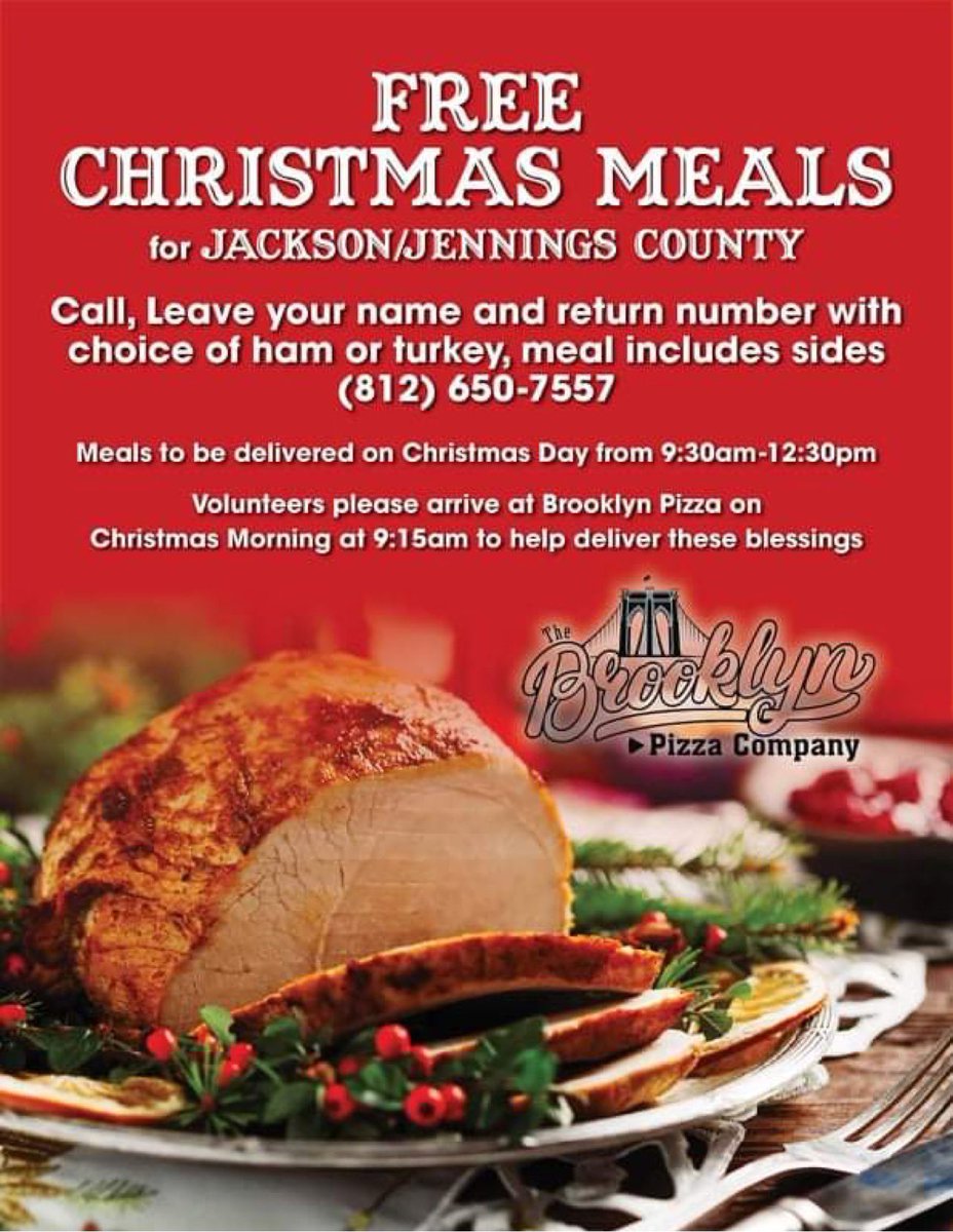 Shawn and Jennifer Oliver Malone along with the crew from The Brooklyn Pizza Company and a whole army of volunteers are at it again!

If you are in need of a Christmas meal delivered to your house FREE of charge on Christmas Day check out the flyer below!

#SmallTownStrong