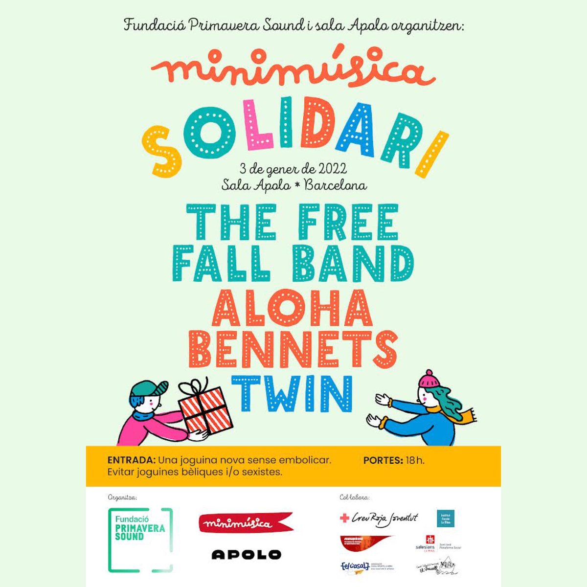 PsFundacio's tweet photo. Fundació Primavera Sound y @sala_apolo vuelve a traer el concierto solidario de Reyes de @minimusica  con un cartel formidable compuesto por @thefreefallband , @__t_w_i_n___ y @alohabennets. La entrada será un juguete que no sea bélico ni sexista, ¡y a disfrutar en familia! https://t.co/oQHueutf3I
