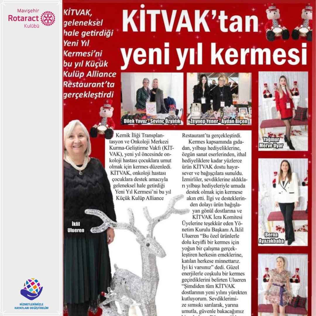 KİTVAK’ın, Onkoloji hastası çocuklara destek için düzenlediği ‘’Yeni Yıl’’ kermesine, üyemiz Zeynep YENER katılım göstermiştir. 
Düzenlenen etkinlik için <a href="/kitvak/">KİTVAK</a> ’a teşekkür ederiz.
#hizmetlerimizlehayatlarıdeğiştirelim #servetochangelives #district2440