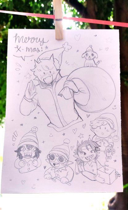 drew santaboyhalo and his dwarves for my school's christmas art display :D 